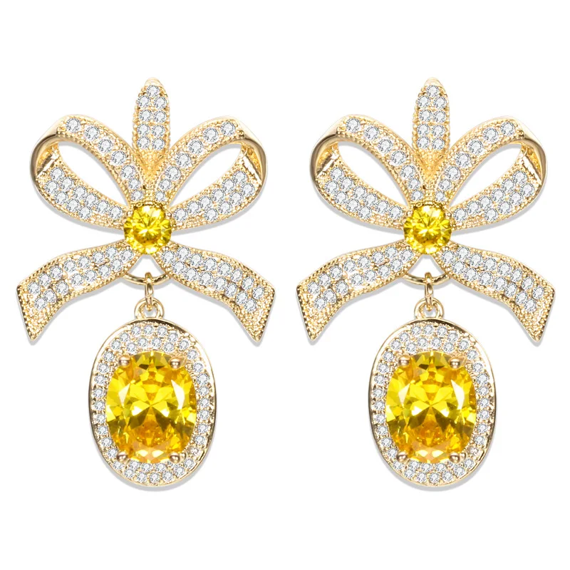 Fashion Design 925 Silver Needle Luxury 18K Gold Plated Elegant Bowknot Drop Earrings AAAAA Zircon Dangles Ladies Fine Jewelry