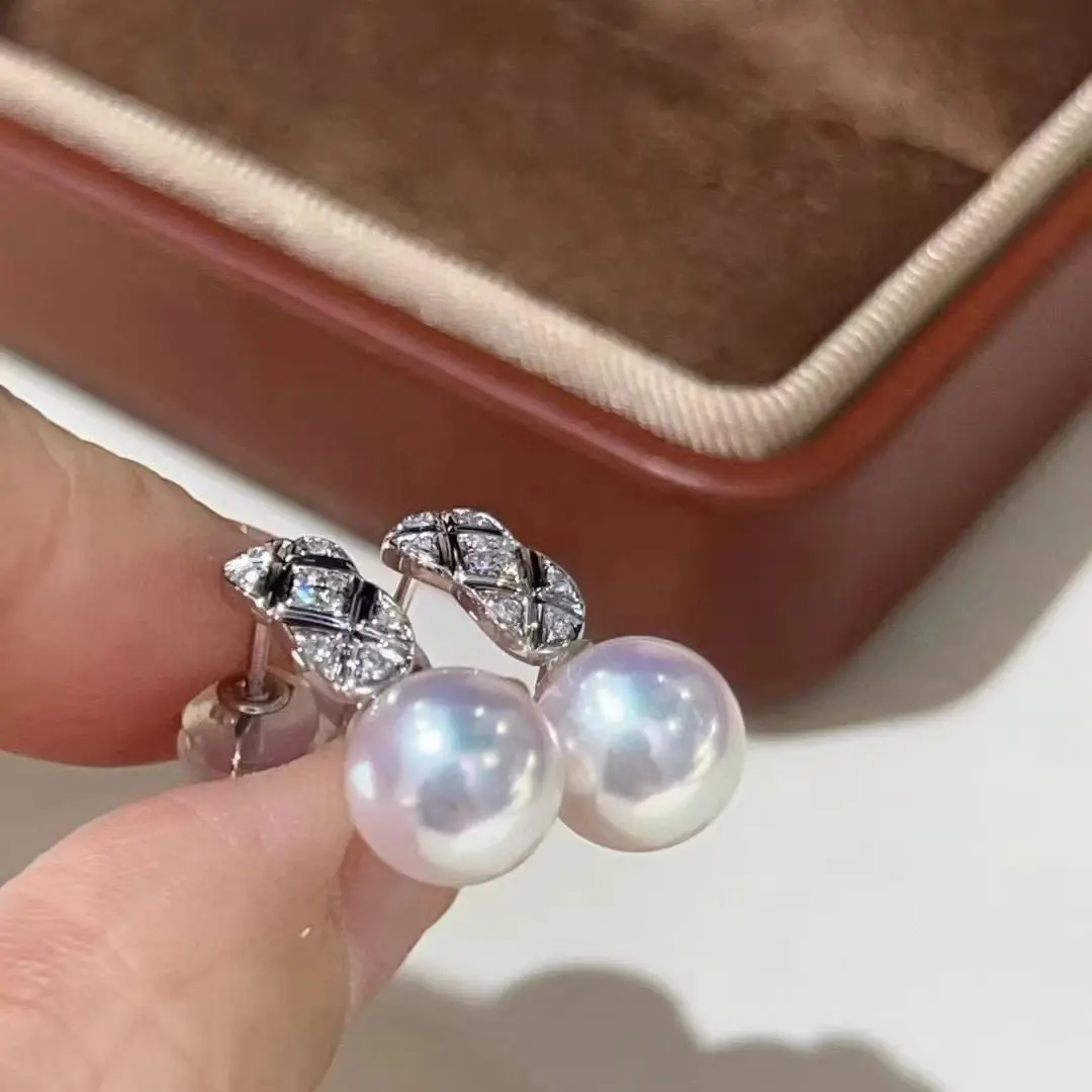 Certificate CC Style 925 Silver Natural Round Pearl Ear Stud 8-8.5mm Aurora Luster Luxury Pearl Drop Hook Earrings Fine Jewelry