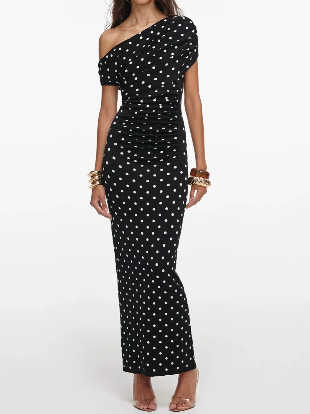 

Women Polka Dot Print Maxi Dress Spring 2026 Diagonal Collar Short Sleeve High Waist Elegant Slim Robe