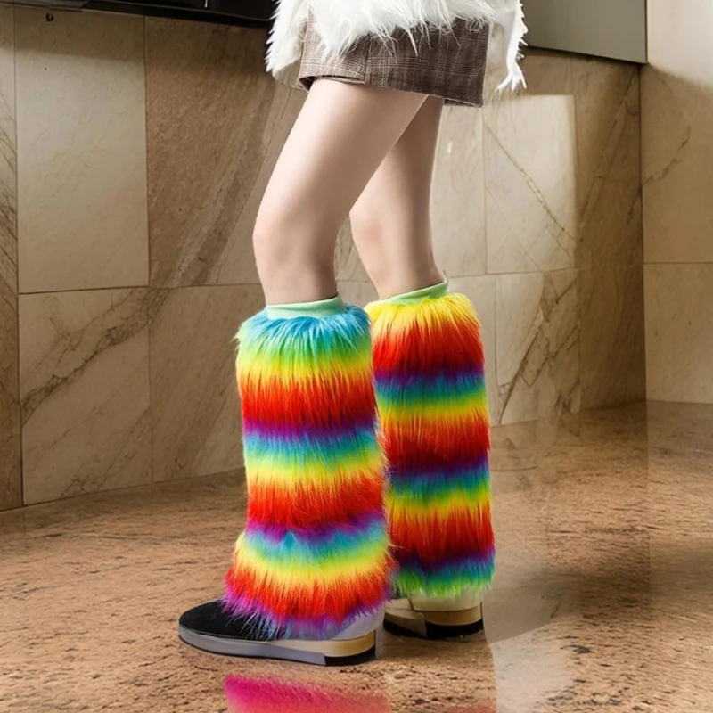 Women Vintage Rainbow Colorful Plush Leg Warmer Fuzzy Thickened Boot Toppers Cuffs Furry Leg Cover Long Socks Partywear