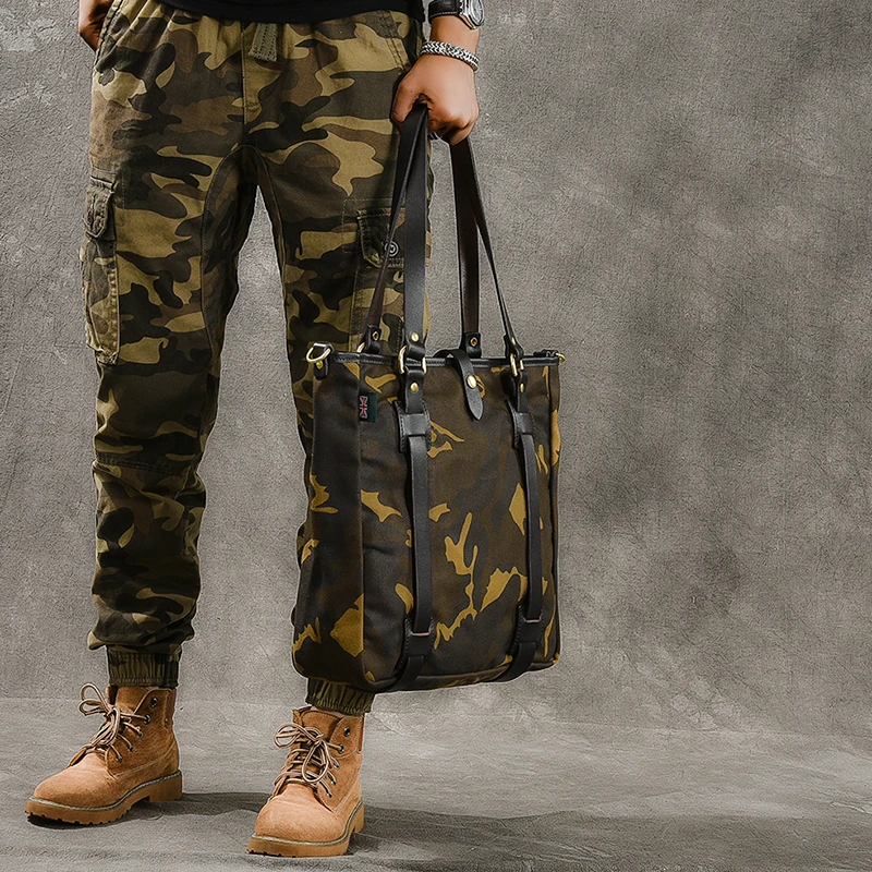 Canvas Men\'s Shoulder Messenger Tote Bag Camouflage Handbag Male Travel Crossbody Bags Vintage Oil Wax Leather Soft Men