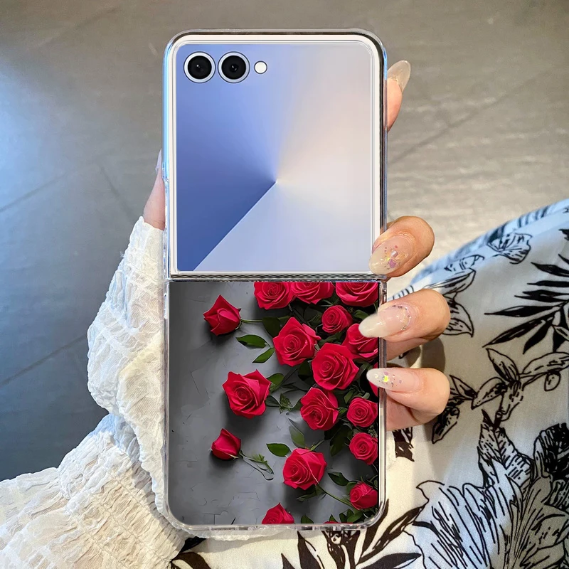 Rote Rosenmuster-Handyhülle für Samsung Galaxy Z Flip 7 FE 6 5 4 3, Harte PC-Klarsichthülle zum Falten für Samsung Z Flip7 Flip6 Flip5