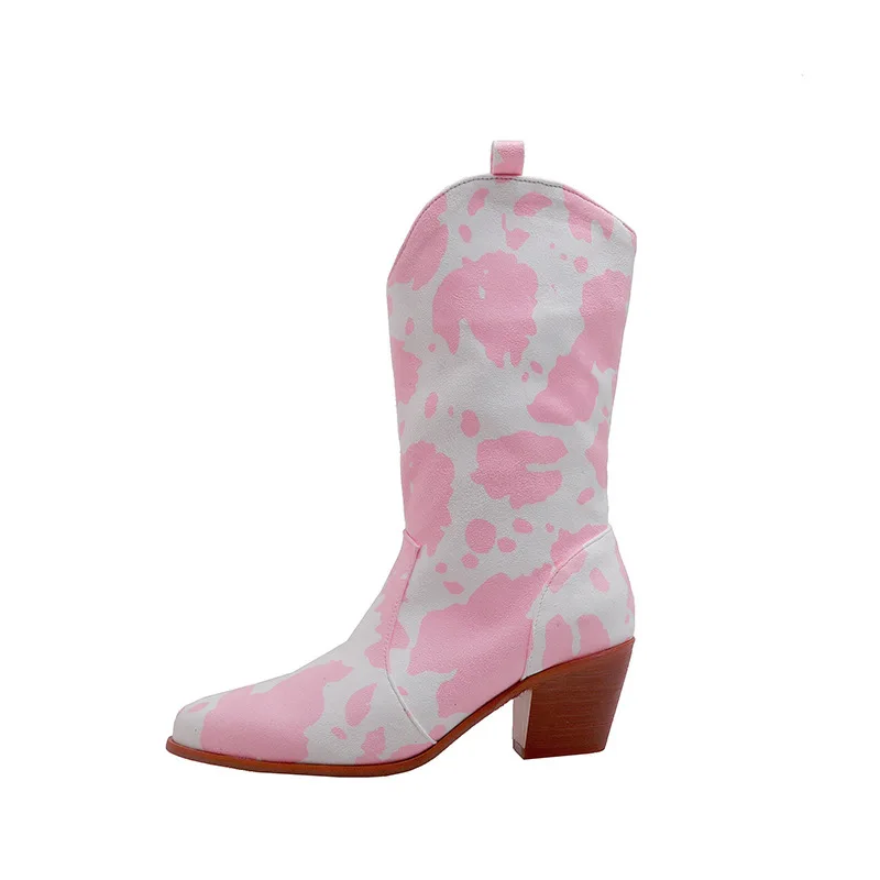Western-Cowgirl-Stiefel mit Kuhmuster für Damen, Retro-Spitze, Blockabsatz, Halbhohe Stiefel für Party, Konzert, Alltag und Freizeitkleidung – Detail 12