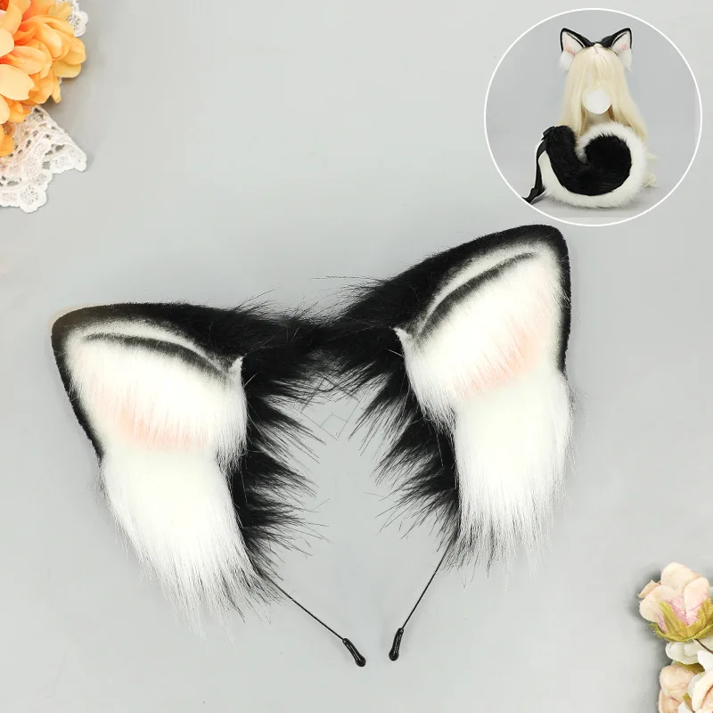 2025 New Halloween Simulated Furry Dog Ear Hairband Lolita Realistic Tail Set Cute Animal Plush Dog Tail Cosplay Props