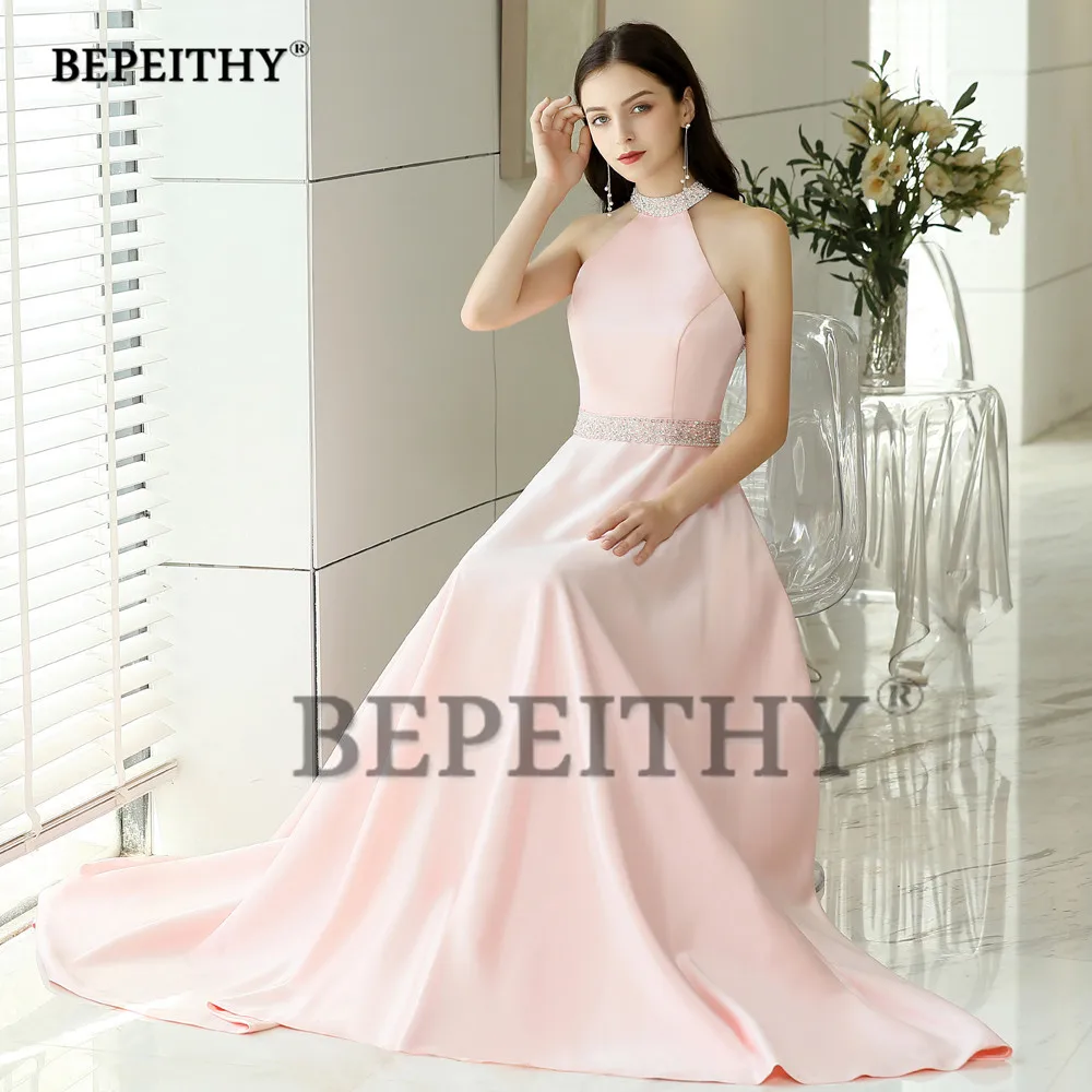 BEPEITHY-vestido De fiesta con cuello Halter, vestido rosa sin mangas con cinturón De cristal, Espalda descubierta, cola, fiesta De graduación