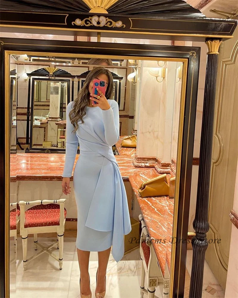 Vintage Sky Blue Elegant Prom Dresses Satin O Neck Long Sleeves Mermaid Evening Dress Vestido De Noche Abendkleider Dubai 2024