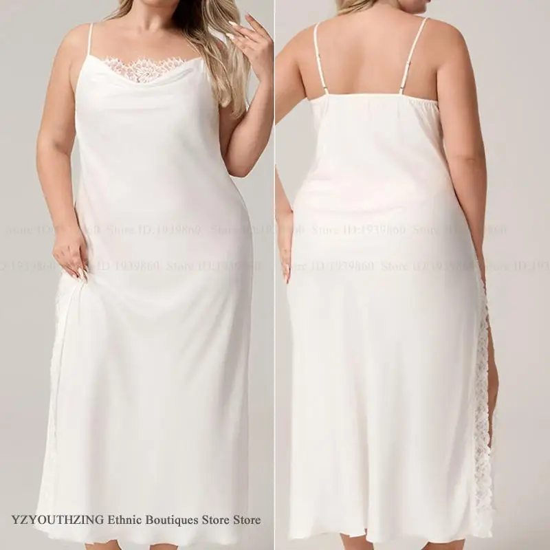 

Plus Size Female Nightgown Sexy Intimate Lingerie Sleepwear Elegant White Ice Silk Nightdress Homewear Loose Casual Loungewear