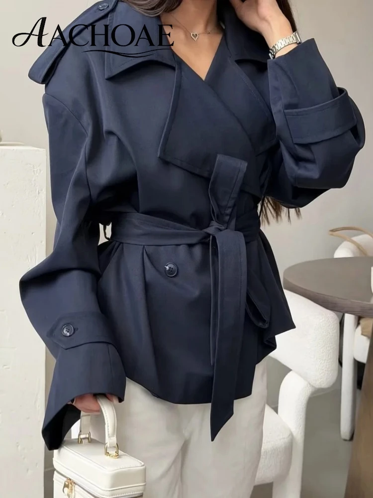 AACHOAE Women's Belted Cropped Trench Coat Double Lapel Long Sleeve Jacket Casual Short Windbreaker Outerwear