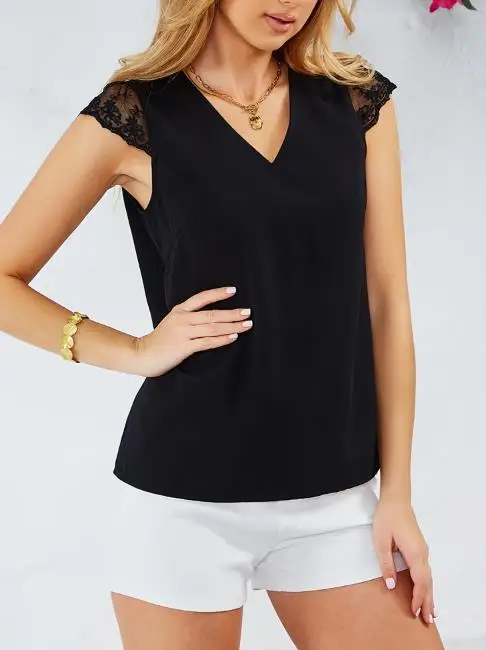 

Women T-Shirt 2026 Summer Casual New V-Neck Lace Patchwork Backless Strap Slim Fit Flying Sleeve T-Shirt Suitable for Daily Use