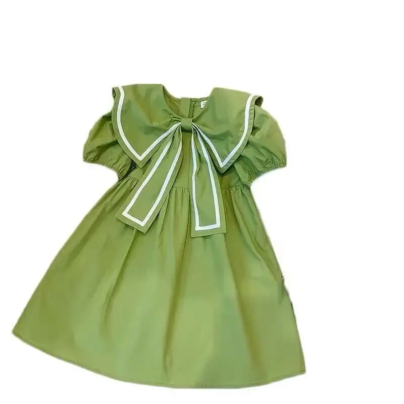 3-12Y Girls Summer Dress 2023 New Bubble Sleeve Teenage Girls\' Summer Dress Bow Neck Little Girl Baby Princess Dress