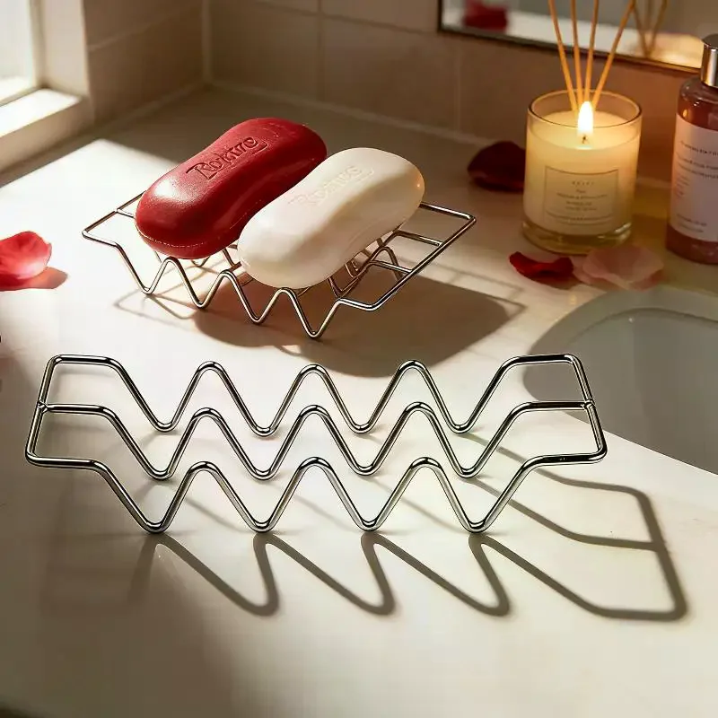 Stainless Steel Draining Soap Dish Rack Minimalist Style with Easy Clean Design for Kitchen Countertops
