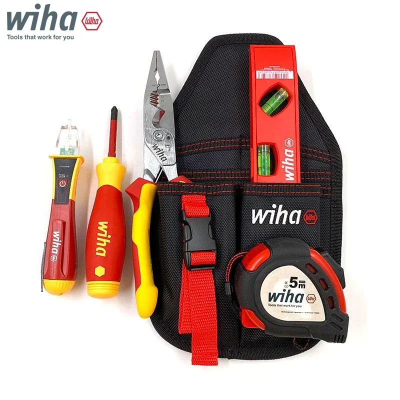 Wiha 90028C 6-in-1 Tool Kit with Belt Pouch - Insulated Pliers/Stylus/Screwdriver, Tape & Horizontal Ruler