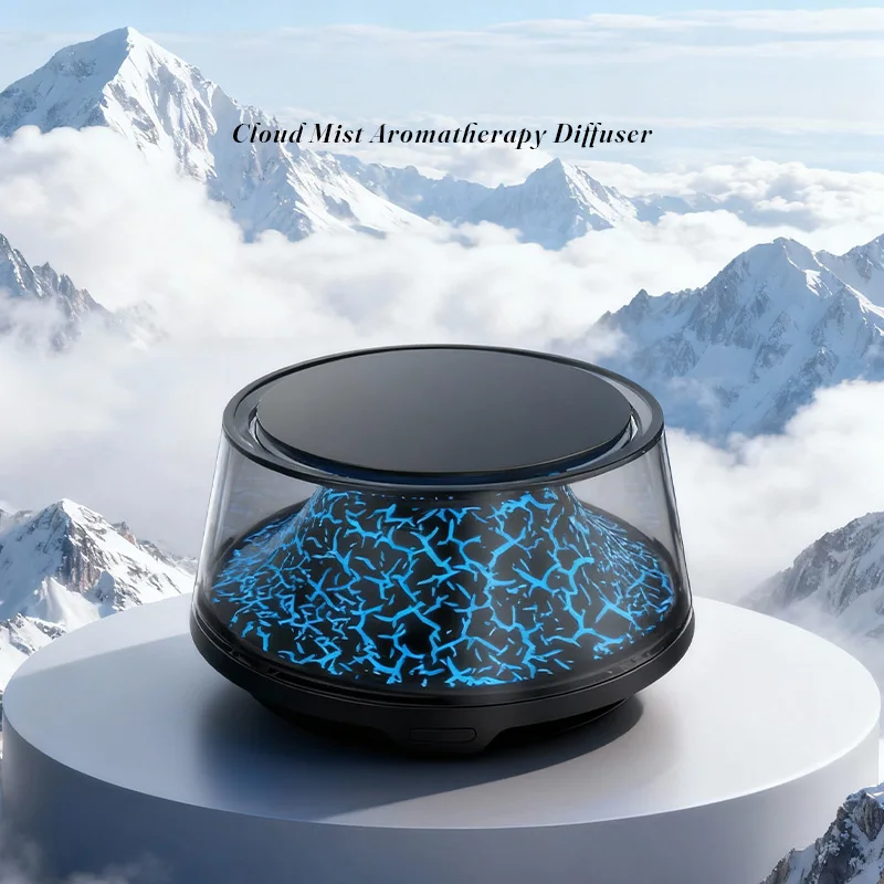 New portable car aroma diffuser with LED lights, featuring a volcanic and iceberg landscape, along with cloud and fog decoration