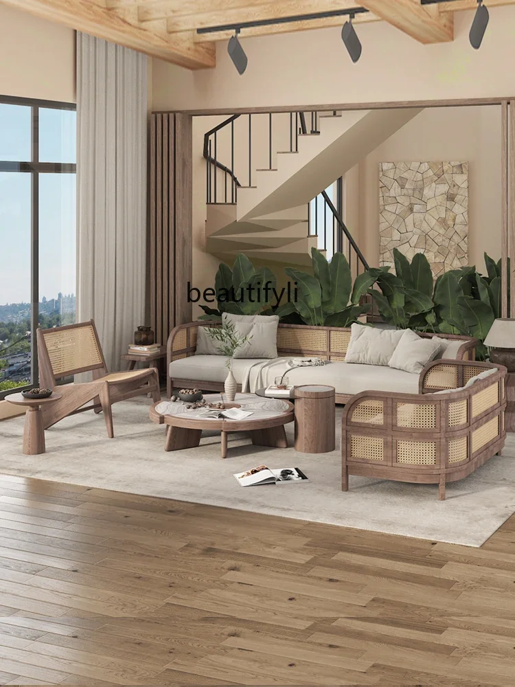 S132 Solid wood rattan sofa hotel lobby reception resort club log wind sofa