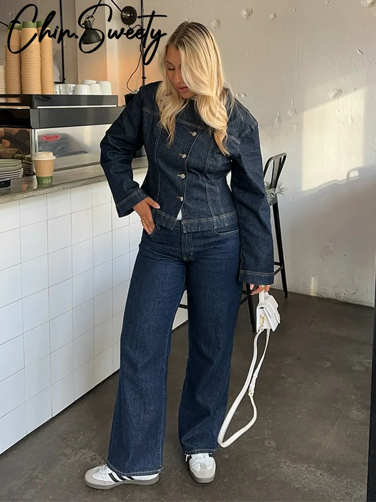 

Street Denim Jacket Pants Sets Women Slim Full Sleeve Single Breasted O-neck Top Straight Zipper Trousers 2025 Lady Jean Oufits