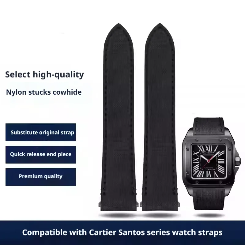 High quality Nylon+cowhide leather watch strap genuine leather 19 21MM quick release watch band compatible with Cartier Santos