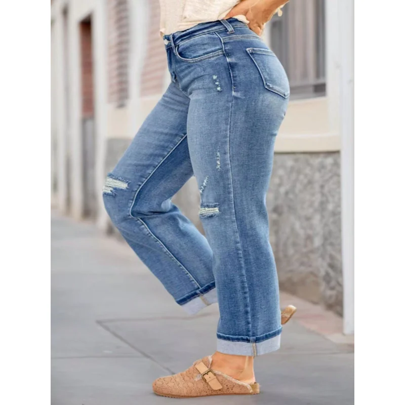 plus Size Women's mid Waist Comfortable Perforated Elastic Straight Leg Denim Jeans 2026 Fashionable Breathable Stretchy Pants view 3