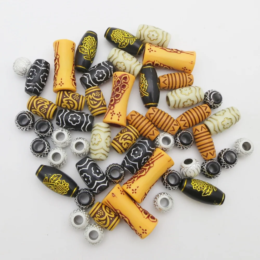 50pcs/Pack Mix Imitation Wood Plastic Crochet black white hair braid dread dreadlock Beads rings tube for hair Accessories