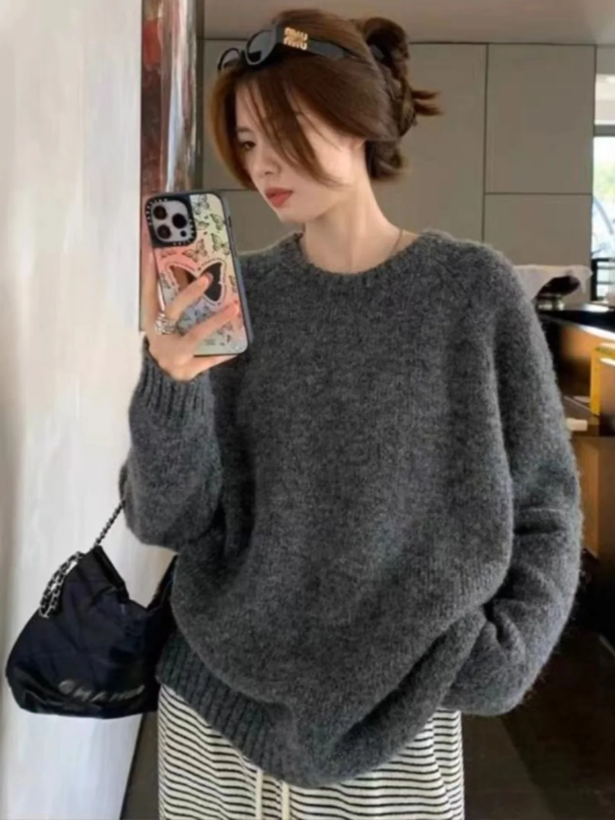 Gray round Neck Gray Sweater Women Autumn and Winter Sweater Loose Idle Sle Western Sle Knit Soft Glutinous Top