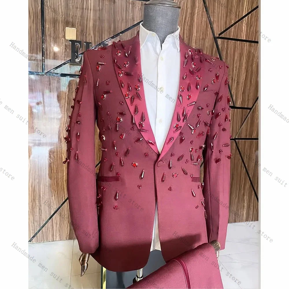 

Luxury Stone Crystals Men Suits 2 Piece Blazer+Cotton Pants Wedding Tuxedo Coat Customized Formal Office Jacket Trousers