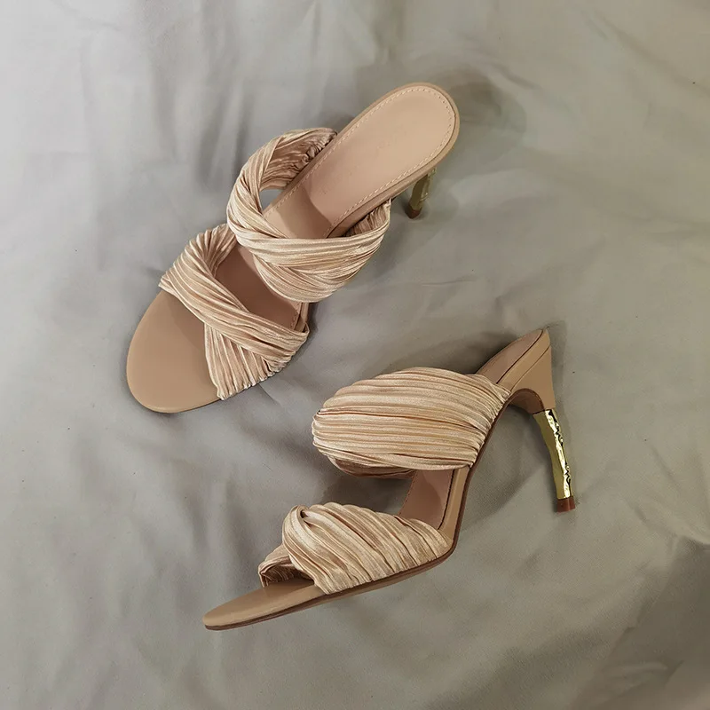Purcoral 2026 Ladies Satin Twisted Sandals Pleated Strap Thin High Heel Slides Women 2026 Summer Open‑Toe Slippers