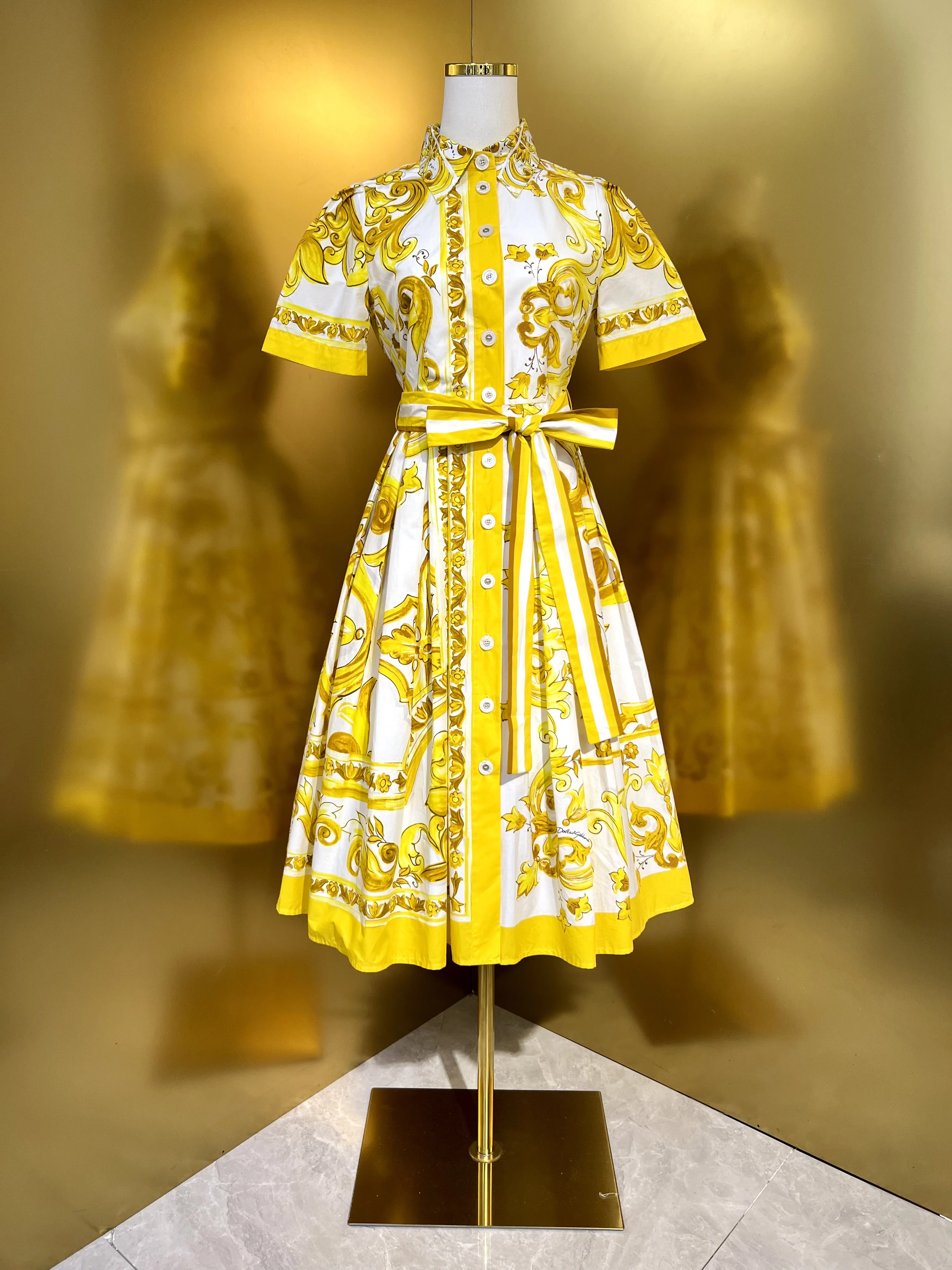 Boho Style Yellow Porcelain Dress, 100% Cotton, Button-up Belt, Short-Sleeved, Summer, 2024