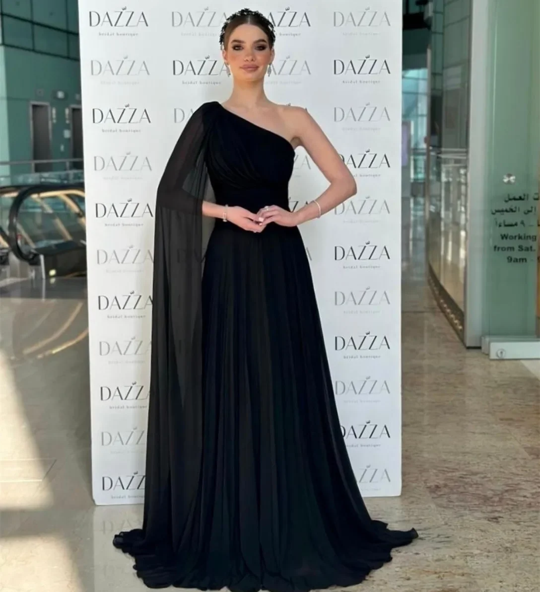 Lange schwarze Chiffon geraffte Abendkleider mit Cape A-Linie eine Schulter Watteau Zug Abschluss ball Kleid Roben de Soirée für Frauen