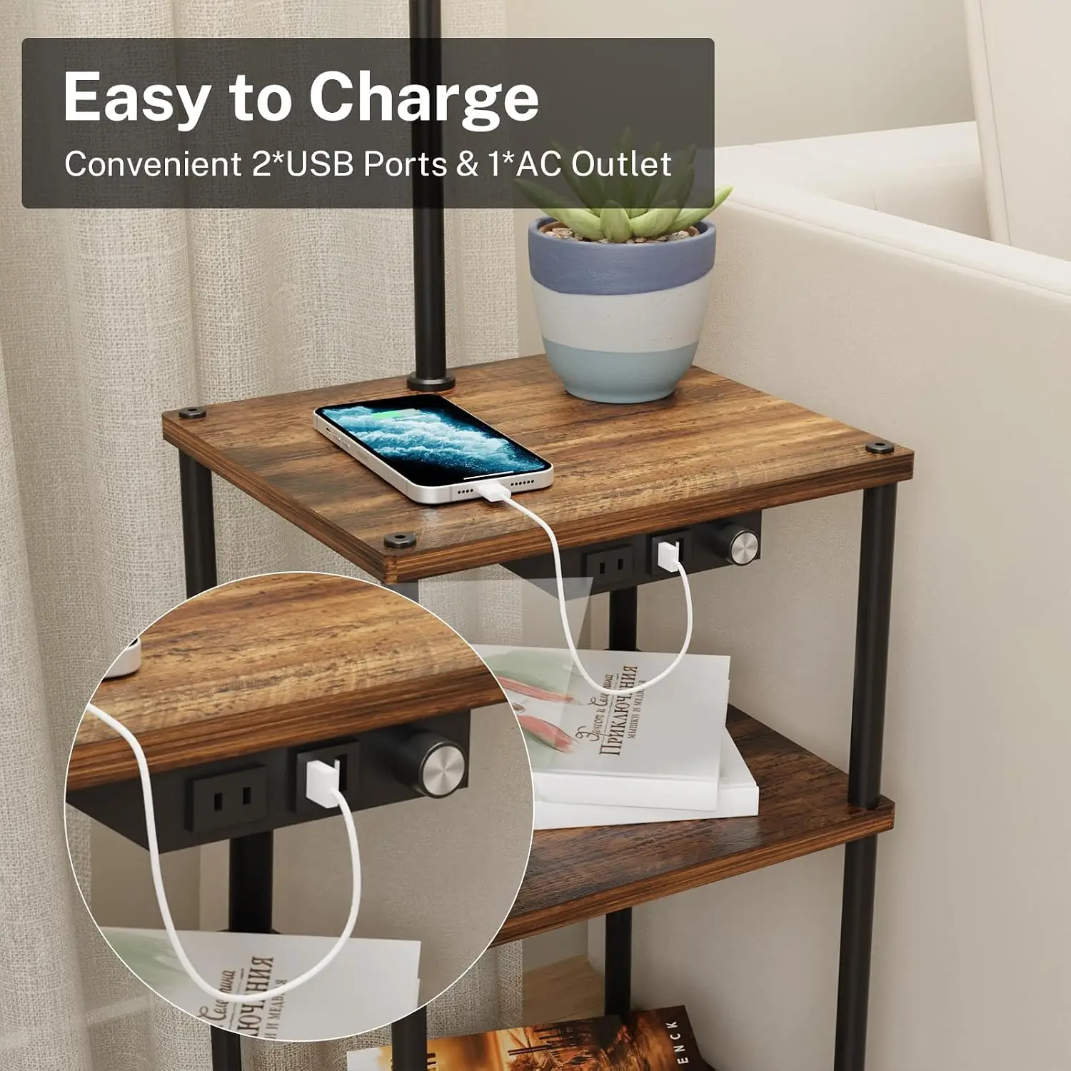 Floor Lamp with Table, Side Table with USB Charging Port and Outlet, Modern Bedside Nightstand End Table with Floor Light for Li