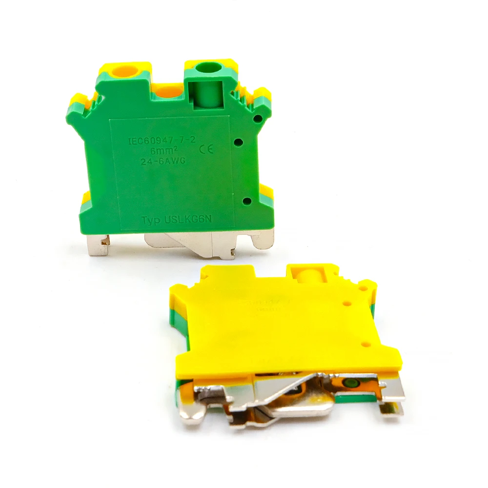 10Pcs USLKG 6 DIN Rail Terminal Block High Current Grounding 500V 50A Screw Connection Conductor