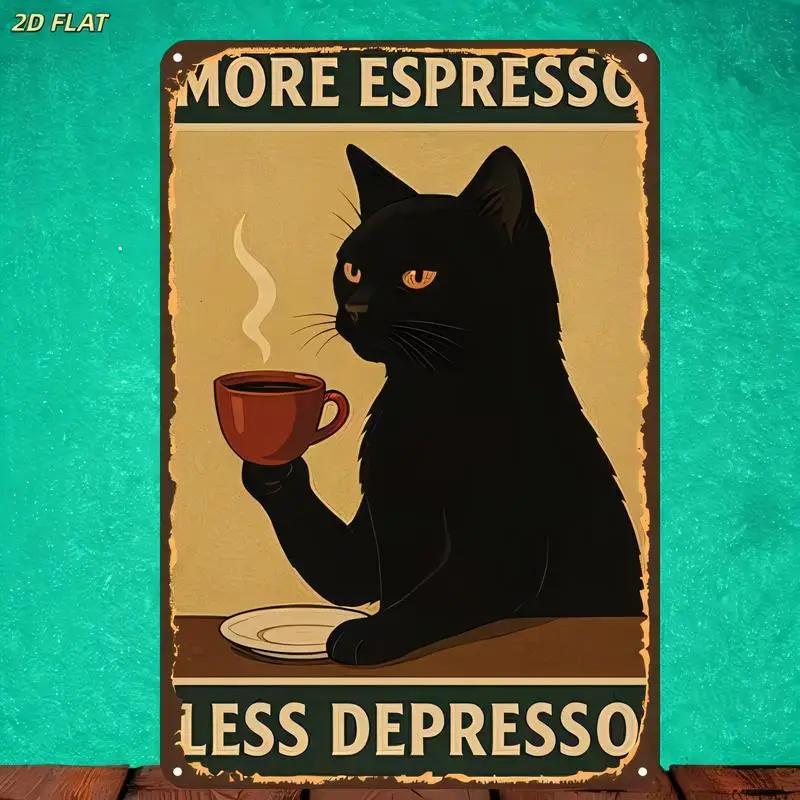 2D Flat More Espresso Less Depresso Black Cat Coffee Vintage Metal Tin Sign - Retro Wall Art, Iron, Perfect for Cafes/Home/Bar D