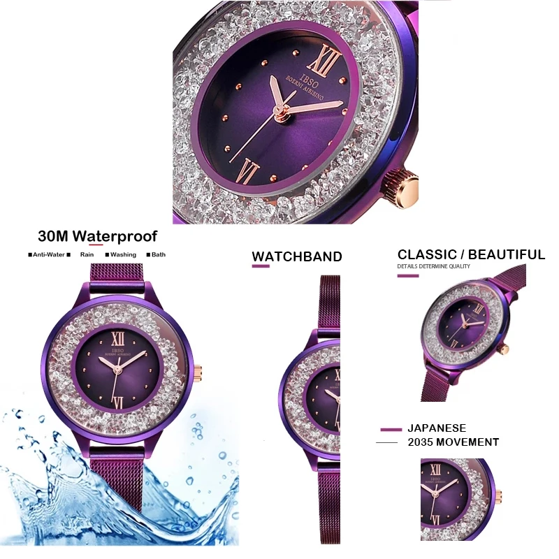 Luxury Brand Women Watch Steel Mesh Purple Waterproof Rhinestone Hand Clock Female Fashion Original Designer Wristwatch Ladies