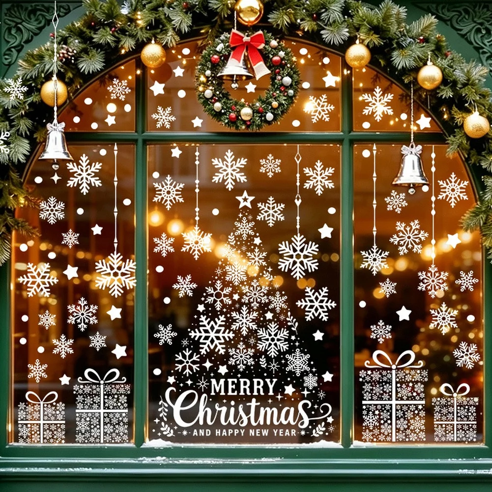 Window for static Cling Decoration Pack of 4 with Winter House Tree and Snowflake Graphics for Seasonal Indoor Display