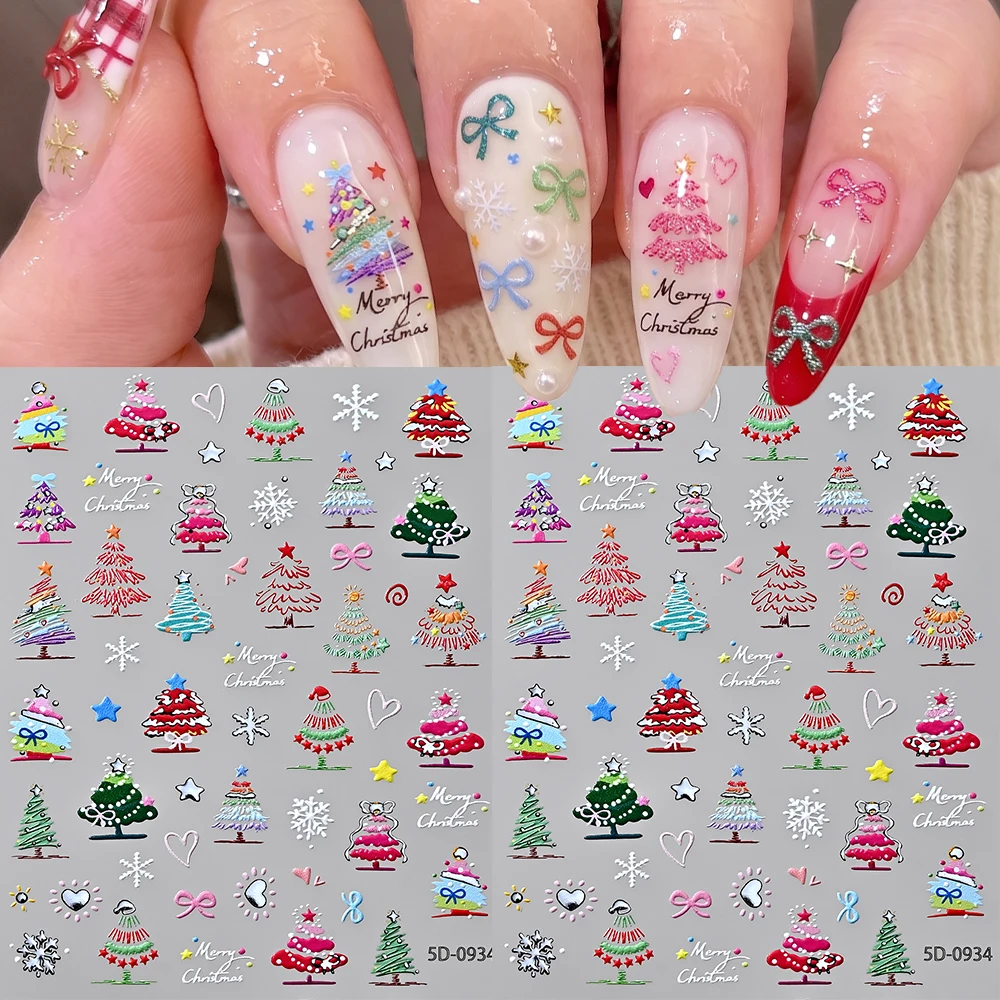 2pcs 5D Macaron Color Christmas Tree Nail Art Stickers Hand-painted Colorful Cute Snowflake Heart Bow Decals Winter Nails Decor