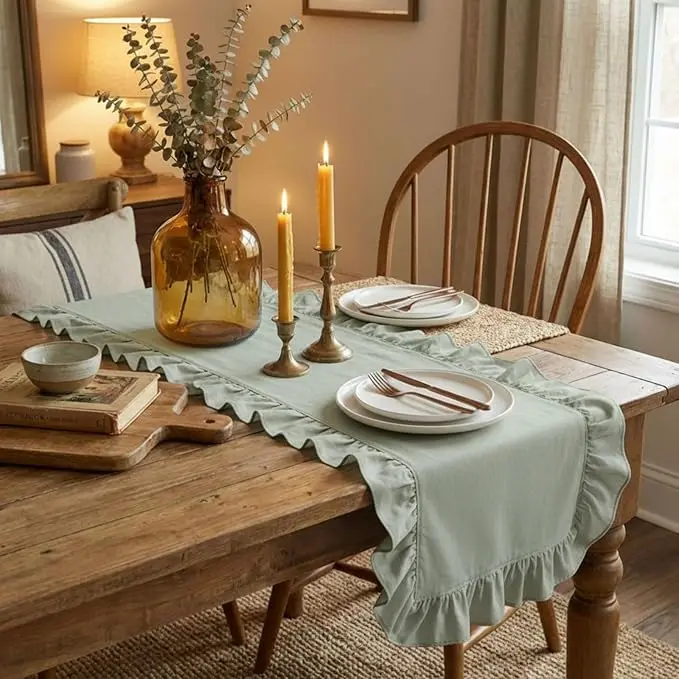 

Аксессуары для украшения обеденного стола, дорожка для стола, рождественский декор для журнального столика, однотонный 100% хлопок, гофрированный домашний декор, роскошный