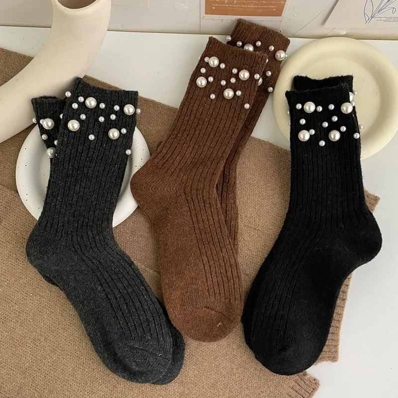 1 Paar modische Perlen-Dekorationssocken für Damen, süße Socken im Prinzessinnen-Stil mit mittlerer Wade im koreanischen Stil, Bekleidungszubehör – Detail 4