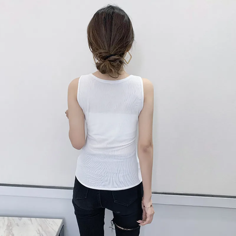 #7108 nero bianco paillettes canotta donna scollo a v Sexy Slim canotte senza maniche estate Basic Party Top Femme sottile S-3XL