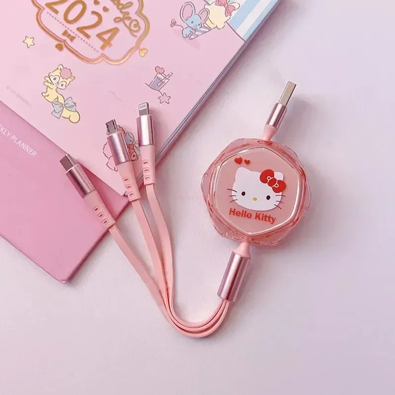 Hello Kitty 3 In 1 Fast Charging Cable Data Line MINISO Kuromi  Cinnamoroll For Micro Type-C USB lightning Portable Car Charger