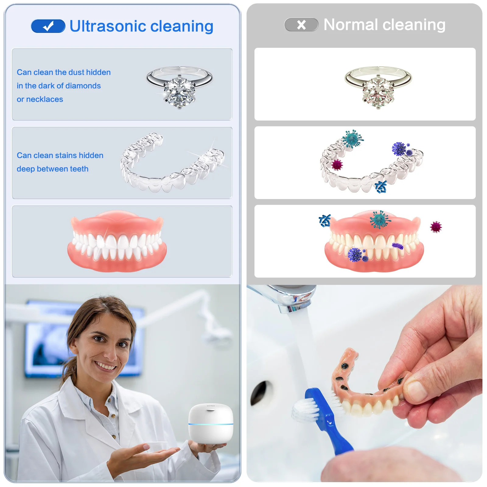 Limpiador UV ultrasónico para el hogar, asistente Dental, baño de dentadura, Kit de limpieza pulsante para joyería, retenedor alineador de dientes