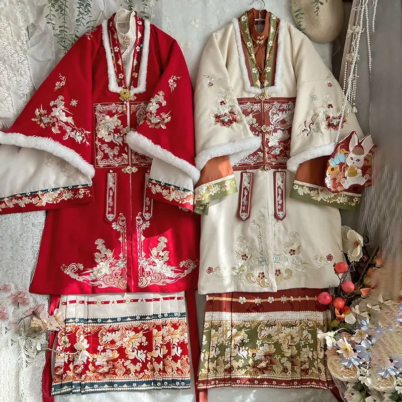 Mamianqun Hanfu 명나라 스타일 자수 칼라 셔츠 빨간색 한 정장 스탠드 칼라 & 두꺼운 말 얼굴 흰색 스커트 가을과 겨울