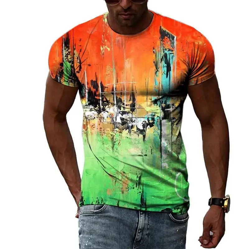 Men Abstract Color Block Oil Painting Print T-Shirt Fashion Crew Neck Short Sleeve Casual Tops Multiple Prints