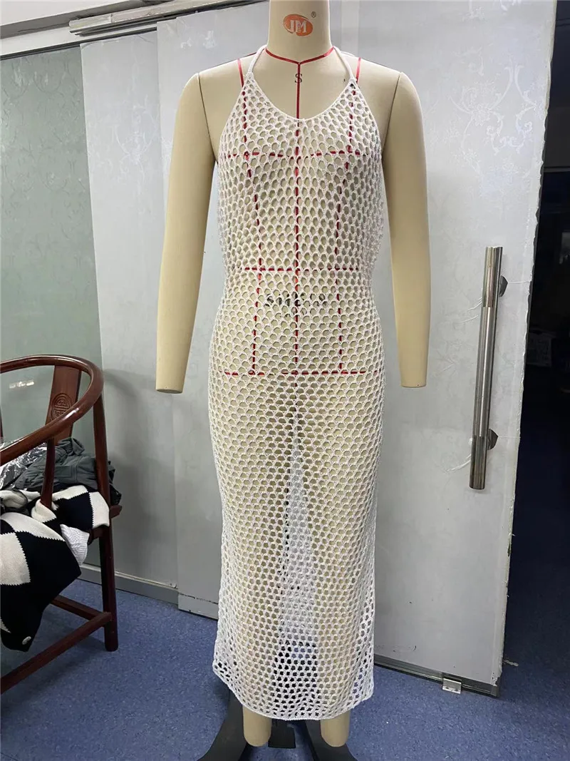 Women Sexy Crochet Mesh Swimwear Long Beach Dress Bikini Cover Up Bathing Suit Hollow Out Side Split Knitted Swimsuit One Piece