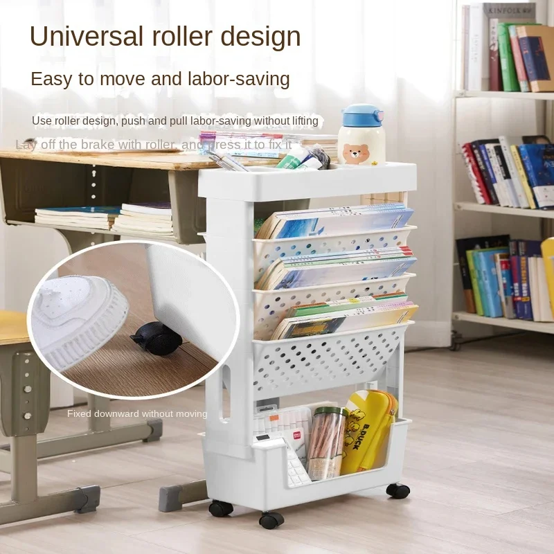 Movable Bookshelf with Wheels 5 Layer Table Side Bookcase Classroom Magazine Rack Desk OrganizerRolling Bookshelf Storage