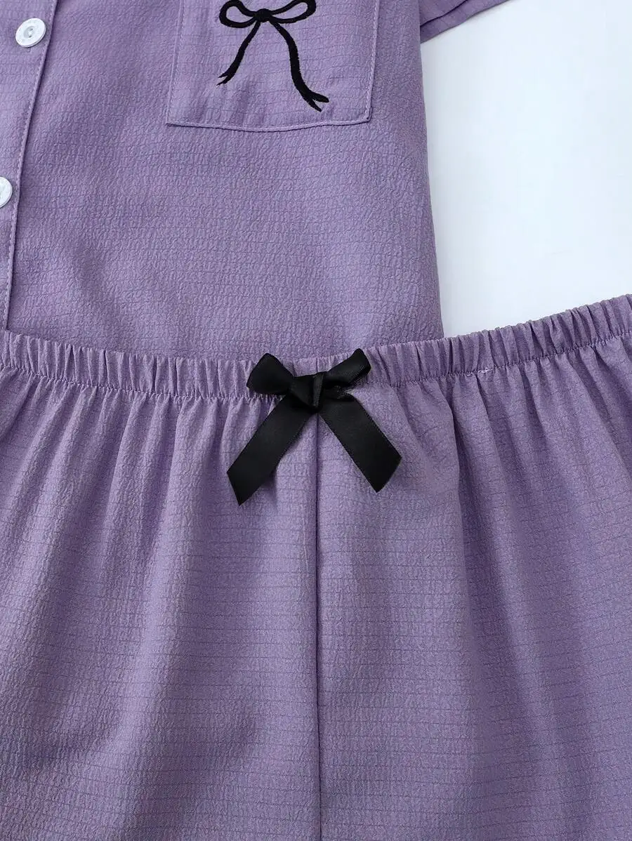 

Womens Purple Collared Short Sleeve Pajama Set With Pocket And Button Front