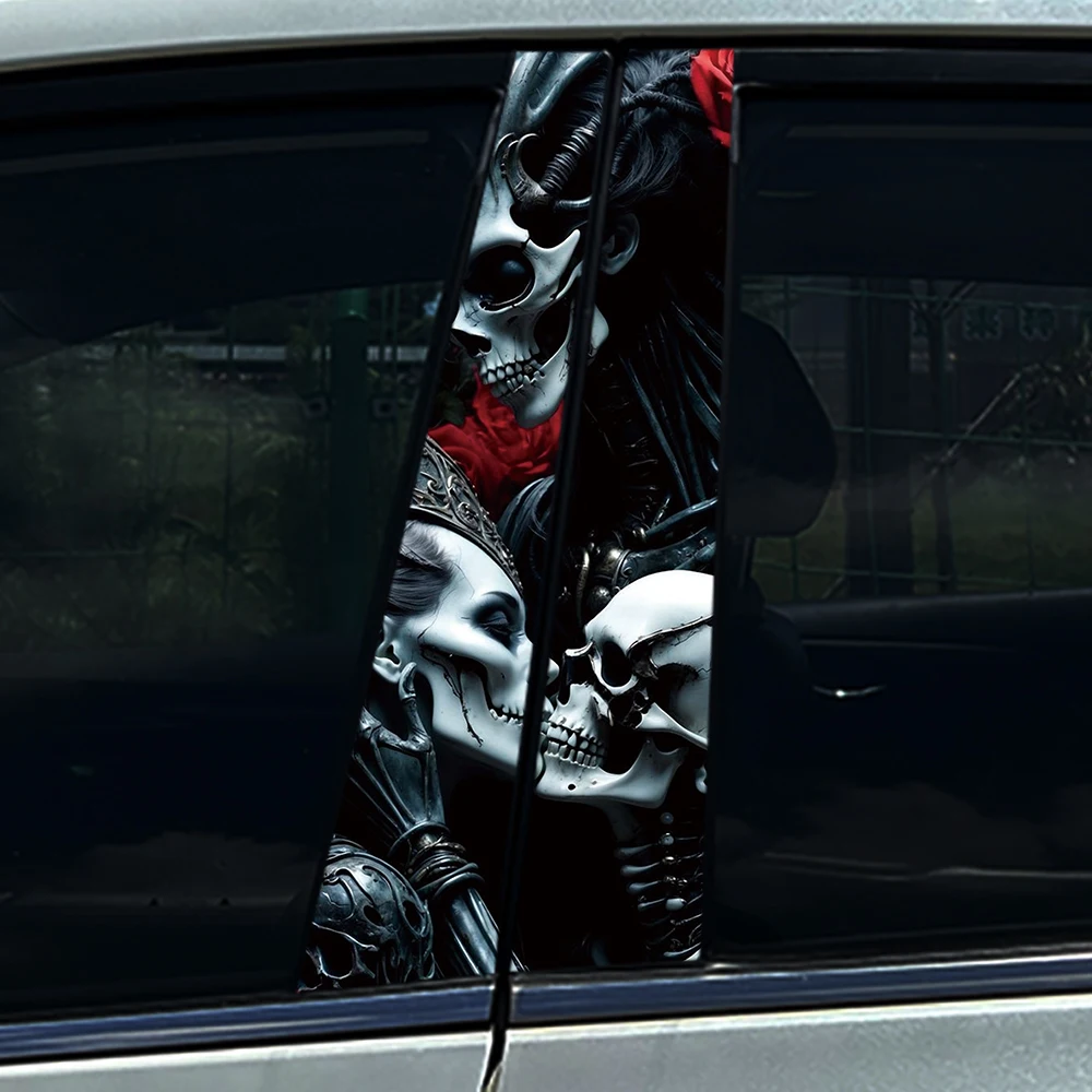 

2PCS Dark Fantasy Skeleton Couple Car B-Pillar Sticker Gothic Rose Waterproof Vinyl Decal Auto Middle Column Decor