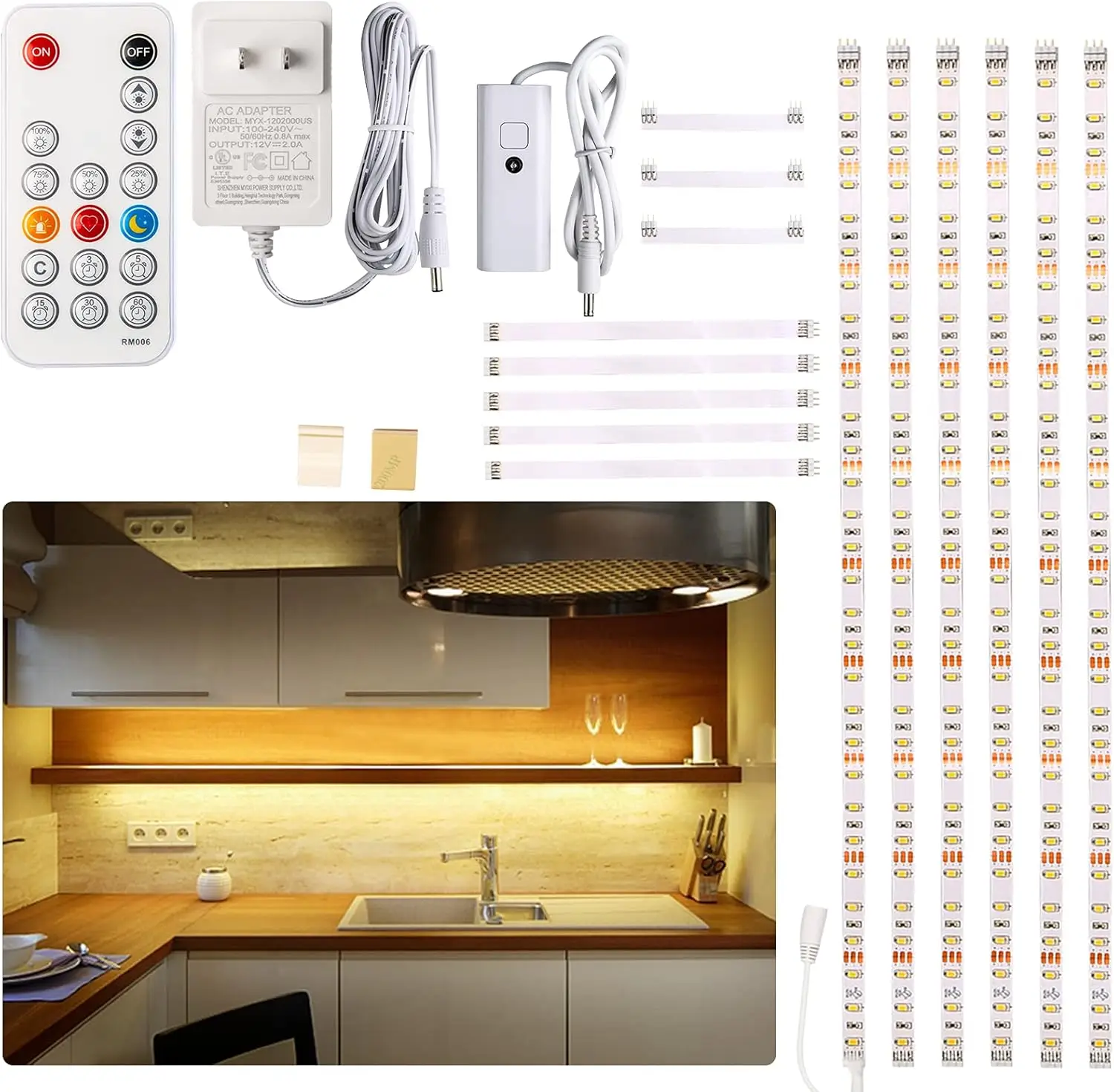 

6 PCS Dimmable LED Strip Lights, 2700K Warm White, 1500lm, Under Cabinet Lighting Kit with Remote, 24W Adapter, Easy Install