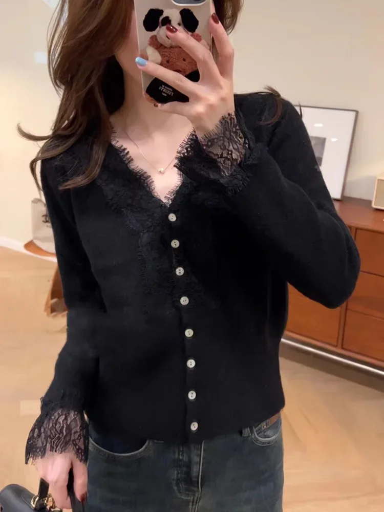 Gagaok Casual V Neck Lace Patchwork Cardigans Korean Fashion Gentle Solid Slimming Knitted Cardigan 204 Autumn Sweater Coat