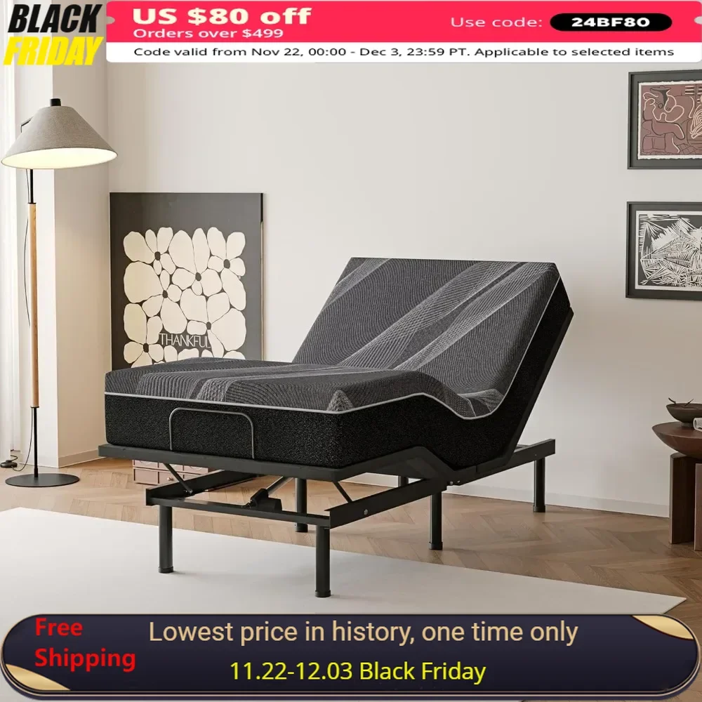 Twin XL Adjustable Bed Frame, 12 Inch Cooling Gel Memory Foam Mattress, Head & Foot Incline, Wireless Remote Bed Frame