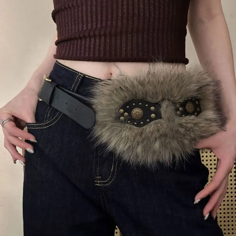 

Simple Spicy Girl Style Leather Fur Belt Punk Retro Furry Waistband Jeans Decor Versatile Y2K Plush Waist Belt Female/Girls