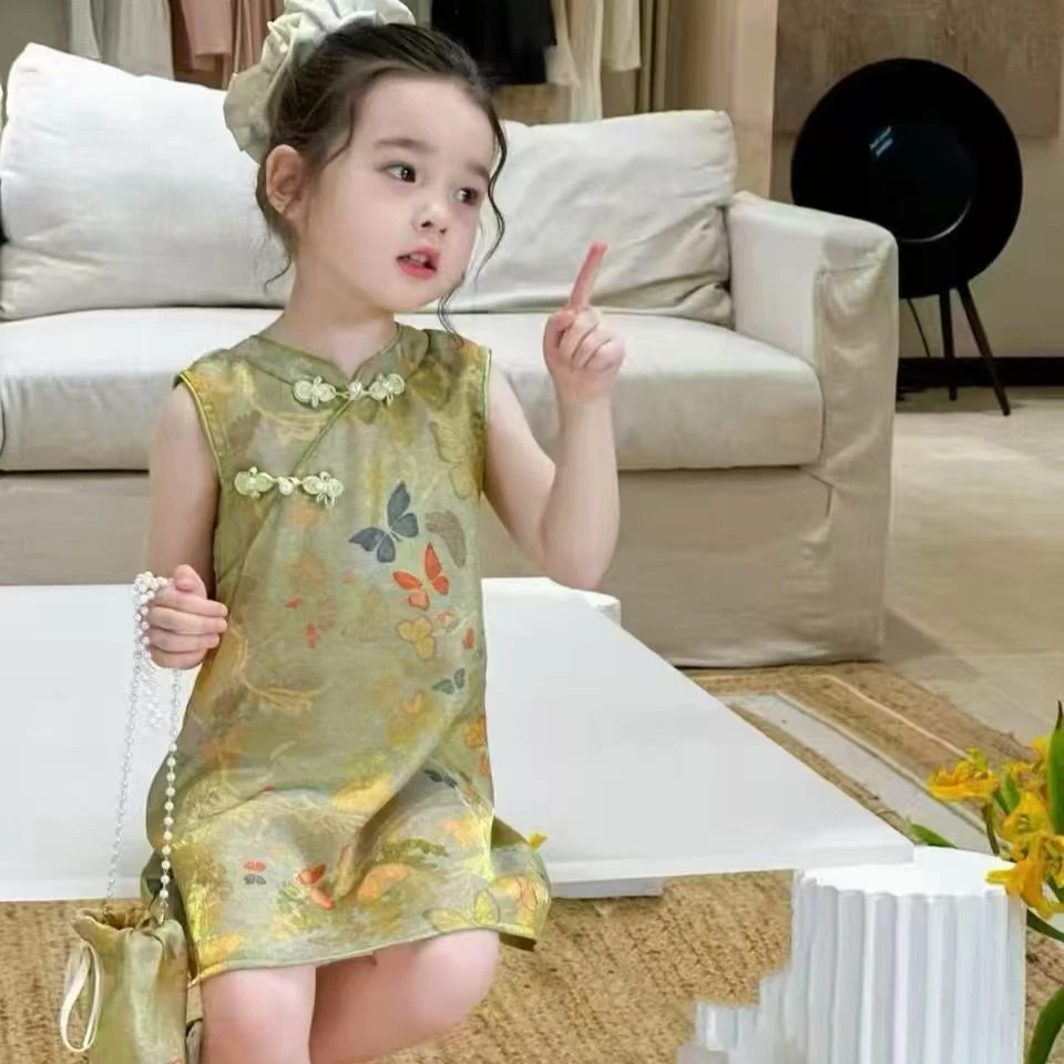 Girls Dress 2026 Spring and Summer New Children's Clothes Girls Baby New Chinese Plate Button Cheongsam Dress Simple