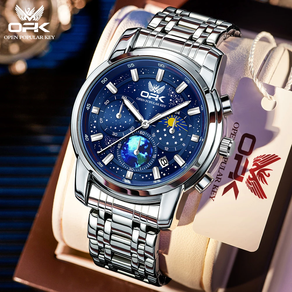 OPK Brand Steel Belt Dual Calendar Men's Quartz Watch 8142